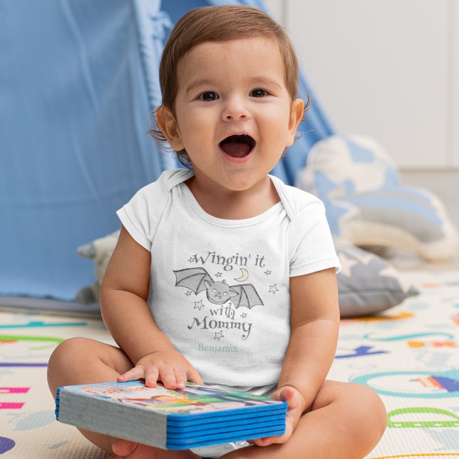 Cute Bat Baby Boy Halloween Bodysuit (Cute "Wingin' it with Mommy" Baby Boy First Halloween Baby Bat with Custom Name in Blue Bodysuit.)