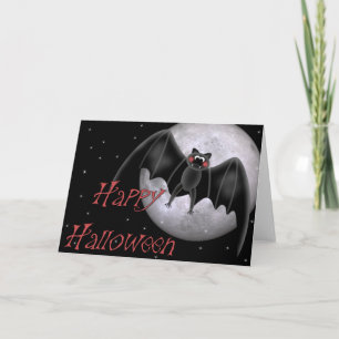 Cute Bat & Bright Moon Happy Halloween Card