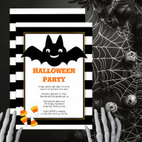 Cute Bat BW Stripes Candy Corn Halloween Party Inv