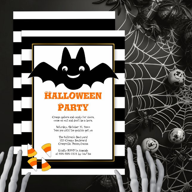 Cute Bat BW Stripes Candy Corn Halloween Party Inv Invitation (Cute Bat Black and White Stripes Candy Corn Halloween Party Invitation -- Print | Digital Download)