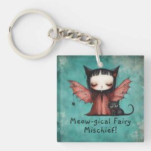Cute Bat Fairy & Her Cat Halloween Key Ring