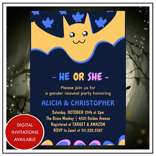 Cute bat Ghost He or She Halloween gender reveal Invitation (Cute-bat-Ghost-He-or-She-Halloween-gender-reveal-Invitation-1)