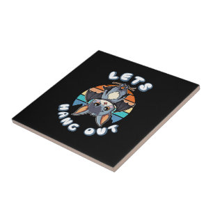 Cute Bat Hanging and Retro Sunset   Let's Hang Out Ceramic Tile
