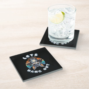 Cute Bat Hanging and Retro Sunset Let's Hang Out Glass Coaster