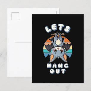 Cute Bat Hanging and Retro Sunset Let's Hang Out Holiday Postcard