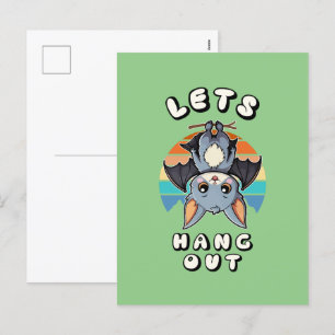 Cute Bat Hanging and Retro Sunset Let's Hang Out Holiday Postcard