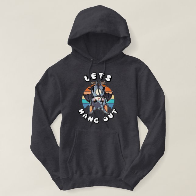 Cute Bat Hanging and Retro Sunset | Let's Hang Out Hoodie (Design Front)