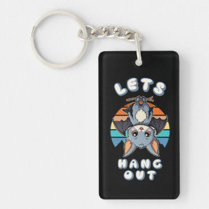 Cute Bat Hanging and Retro Sunset Let's Hang Out Key Ring