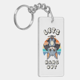 Cute Bat Hanging and Retro Sunset Let's Hang Out Key Ring