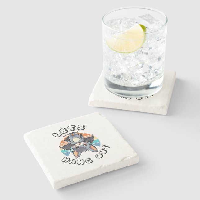 Cute Bat Hanging and Retro Sunset | Let's Hang Out Stone Coaster (Side)