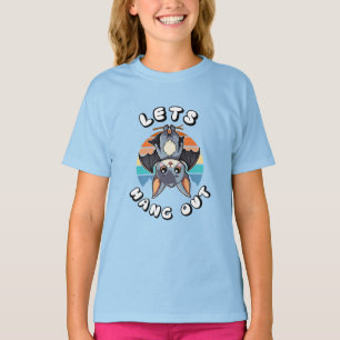 Cute Bat Hanging and Retro Sunset   Let's Hang Out T-Shirt
