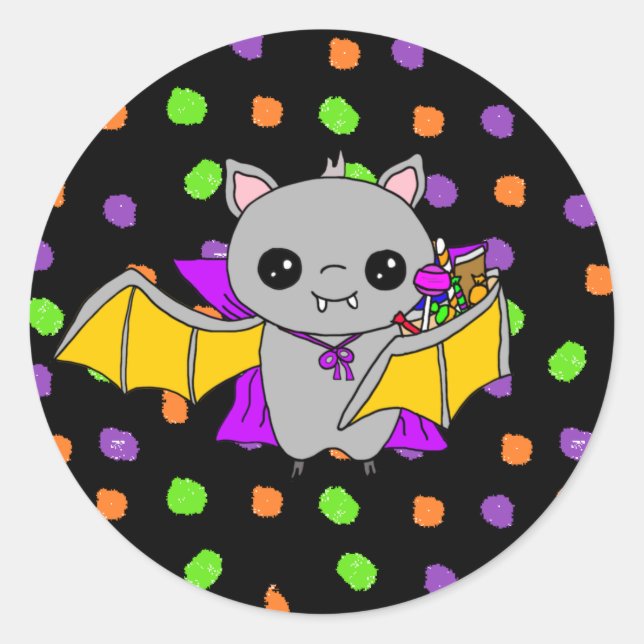 Cute Bat Holding Halloween Candy Classic Round Sticker (Front)