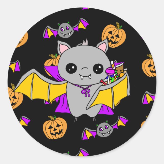 Cute Bat Holding Halloween Candy Classic Round Sticker (Front)