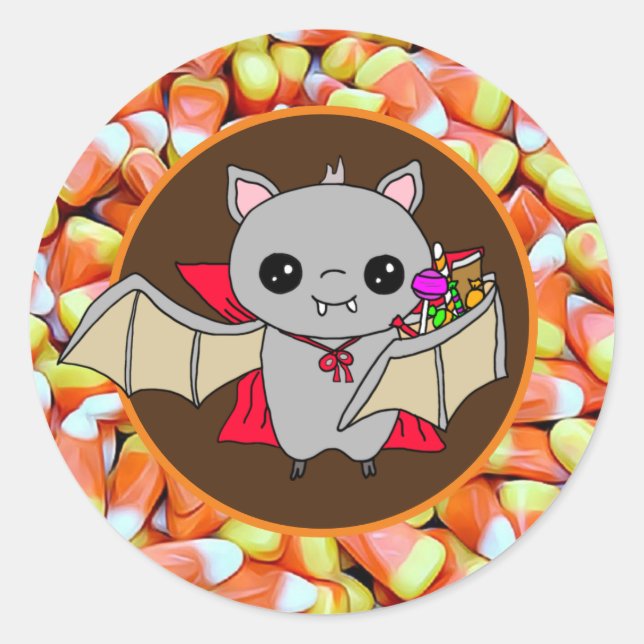 Cute Bat Holding Halloween Candy Classic Round Sticker (Front)