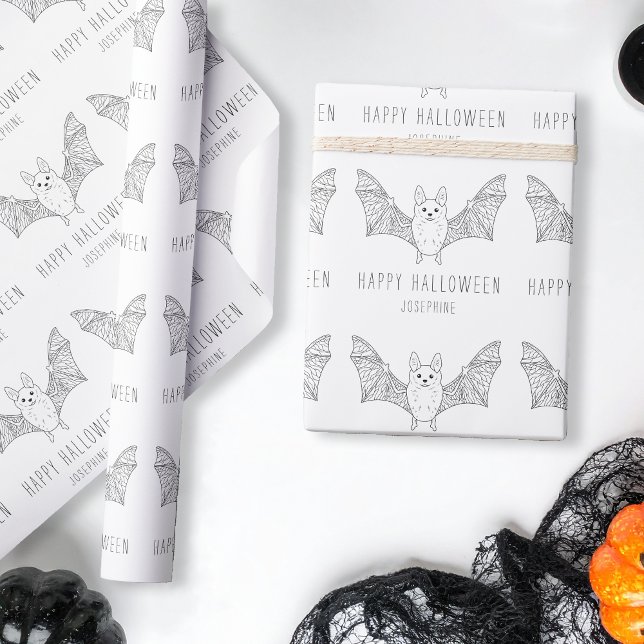 Cute Bat Line Art With Custom Name Happy Halloween Wrapping Paper (Creator Uploaded)