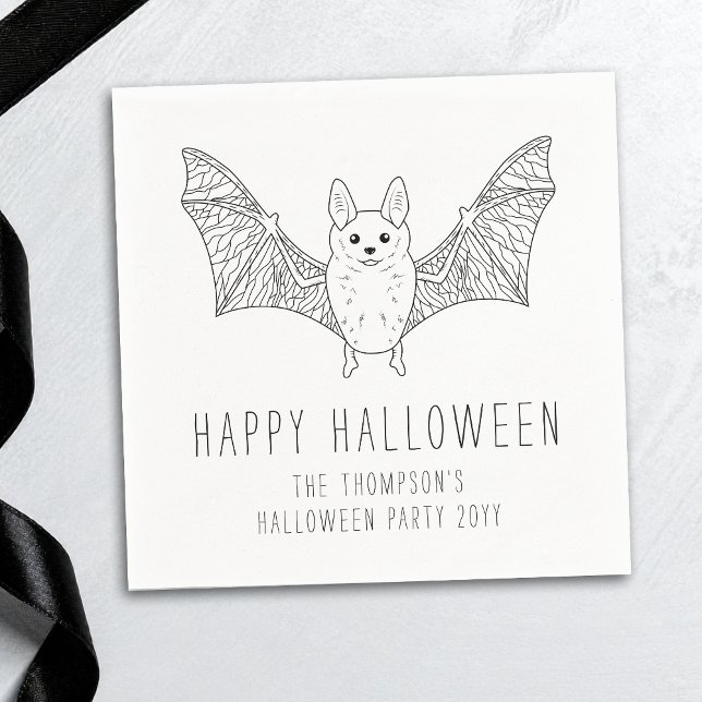 Cute Bat Minimal Line Art Happy Halloween Napkin (Creator Uploaded)