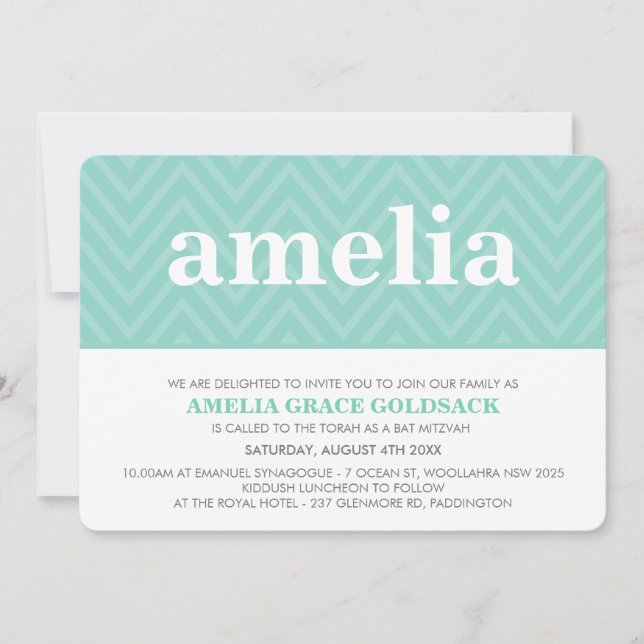 CUTE BAT MITZVAH trendy name chevron pattern mint Invitation (Front)