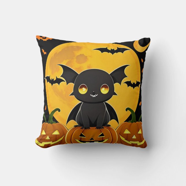 🦇🎃 Cute Bat Pumpkin Cosy Halloween Night Glow ✨ Cushion (Front)