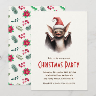 Cute Bat Santa Hat Red Poinsettias Christmas Party Invitation