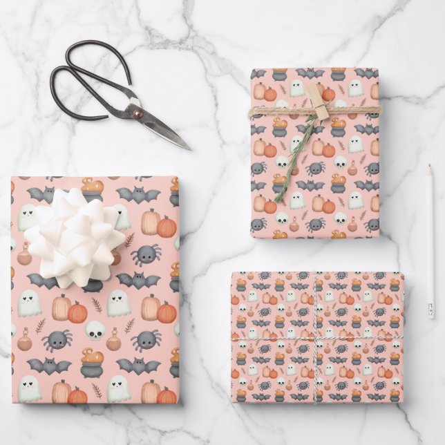 Cute Bats and Spiders Halloween Wrapping Paper Sheet (Front)