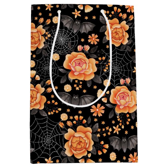 Cute Bats, Florals and Spiderwebs Halloween Medium Gift Bag (Front)
