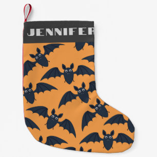 Cute Bats Halloween Orange Pattern Custom Name Small Christmas Stocking