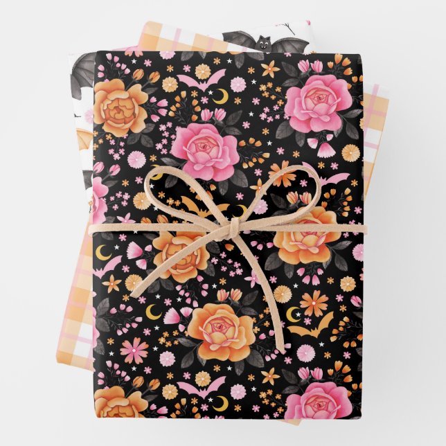 Cute Bats, Plaid and Florals Pastel Halloween Wrapping Paper Sheet (In situ)