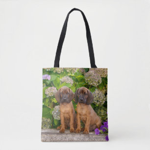 Cute Bavarian Mountain Hound Puppies with Flowers Tote Bag