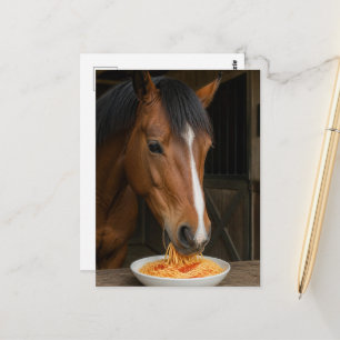 cute bay horse eating spaghetti postcard