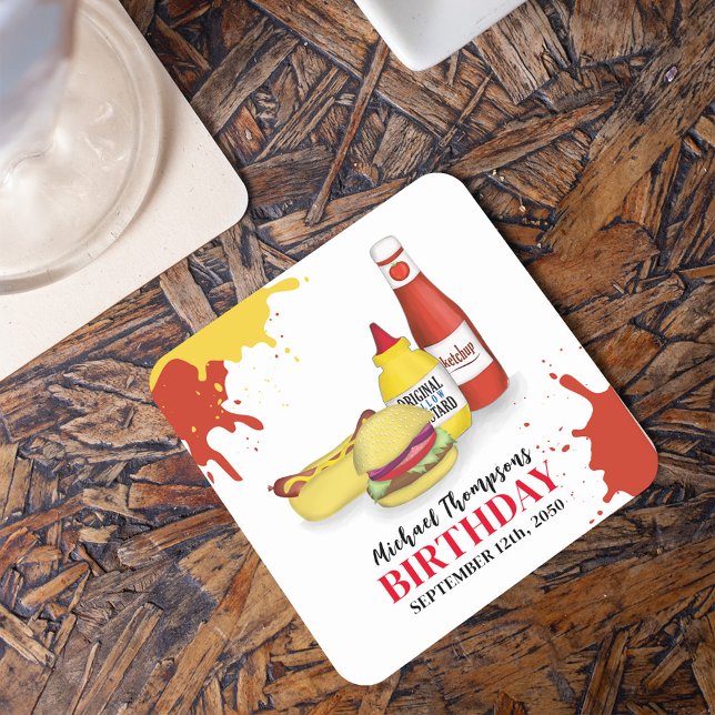 Cute BBQ Birthday Party Custom Square Paper Coaster (Barbeque birthday party custom coaster.)