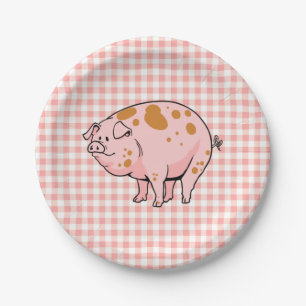 Cute BBQ Pig Cookout Rose Pink Gingham Check Plaid Paper Plate