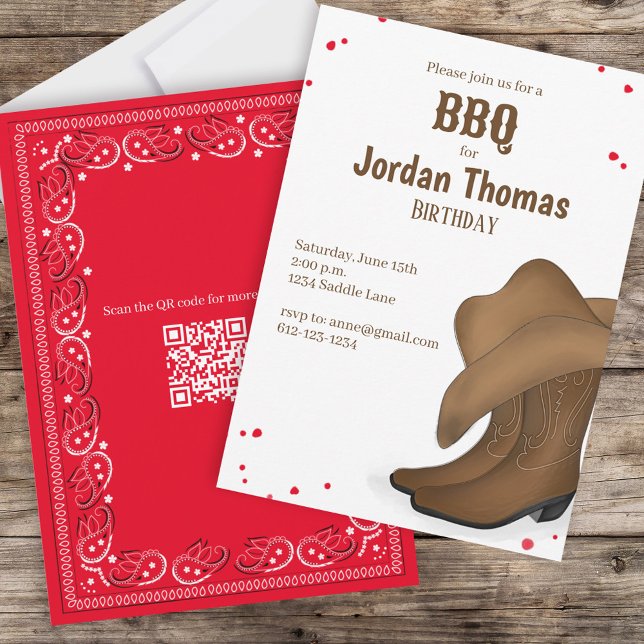 Cute BBQ Red Bandanna Cowboy Party QR Code  Invitation (Creator Uploaded)
