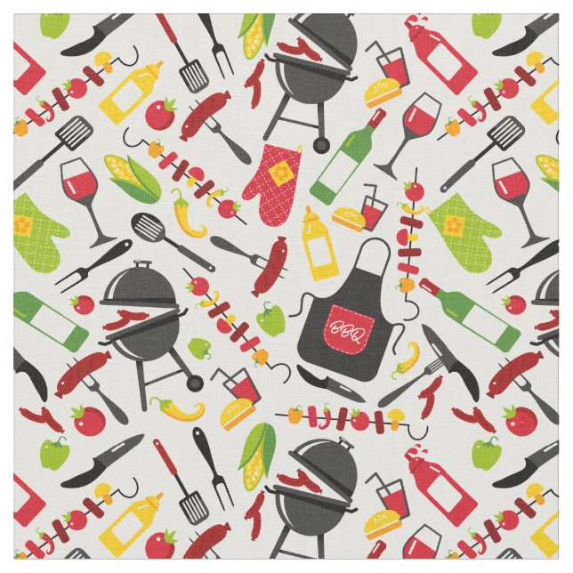 Cute BBQ Theme Grill Kebab Sausage Ketchup Kitchen Fabric (Close Up)