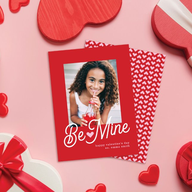Cute Be Mine Pink Heart Valentine's Day Photo Holiday Card (Creator Uploaded)