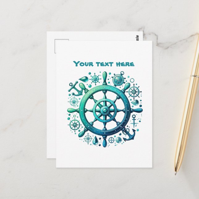Cute beach add text ships wheel postcard (Front/Back In Situ)