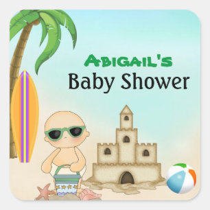 Cute Beach Baby Sandcastle n Surfboard Baby Shower Square Sticker