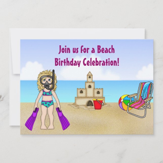 Cute Beach Birthday Invitation for Girls (Front)