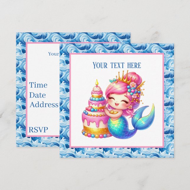 Cute Beach Birthday mermaid customisable  Invitation (Front/Back)