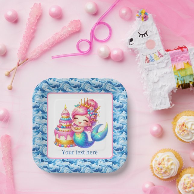 Cute Beach Birthday mermaid customisable  Paper Plate (Party)