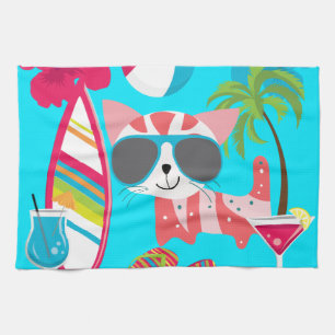 Cute Beach Bum Kitty Cat Sunglasses Beach Ball Tea Towel