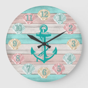 Cute Beach Colours with Seashells & Anchor Large Clock