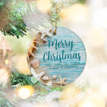 Cute Beach Company Seashell Personalised Christmas Ceramic Ornament<br><div class="desc">A cute custom beach business holiday gift for a tropical island company. Customise this pretty teal blue wood and seashell photography Christmas ornament with your seaside corporation name or other coastal professional text.</div>