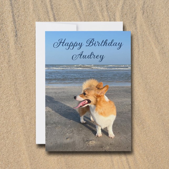 Cute Beach Corgi Personalised Happy Birthday Card (Creator Uploaded)