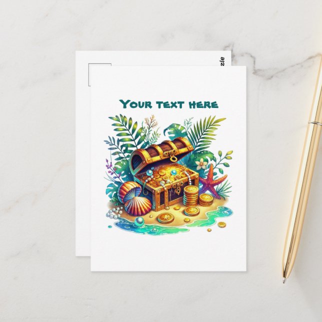 Cute beach customisable treasure chest postcard (Front/Back In Situ)