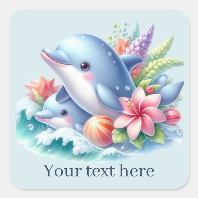 Cute beach dolphin add text  square sticker (Front)