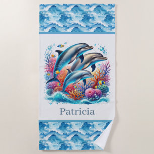 Cute Beach dolphin lovers add name Towel