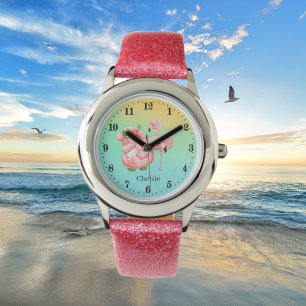 cute beach gnome pink flamingo add name kids watch