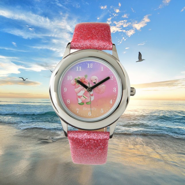 cute beach gnome pink flamingo add name kids watch (Creator Uploaded)