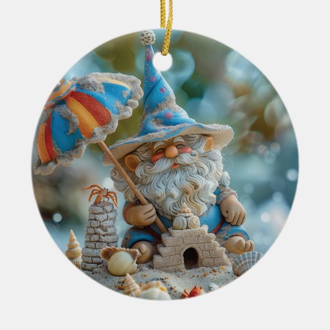 Cute beach gnome with an umbrella ceramic ornament (Front)