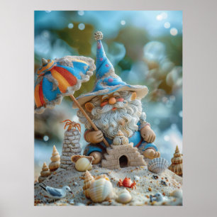 Cute beach gnome with an umbrella poster